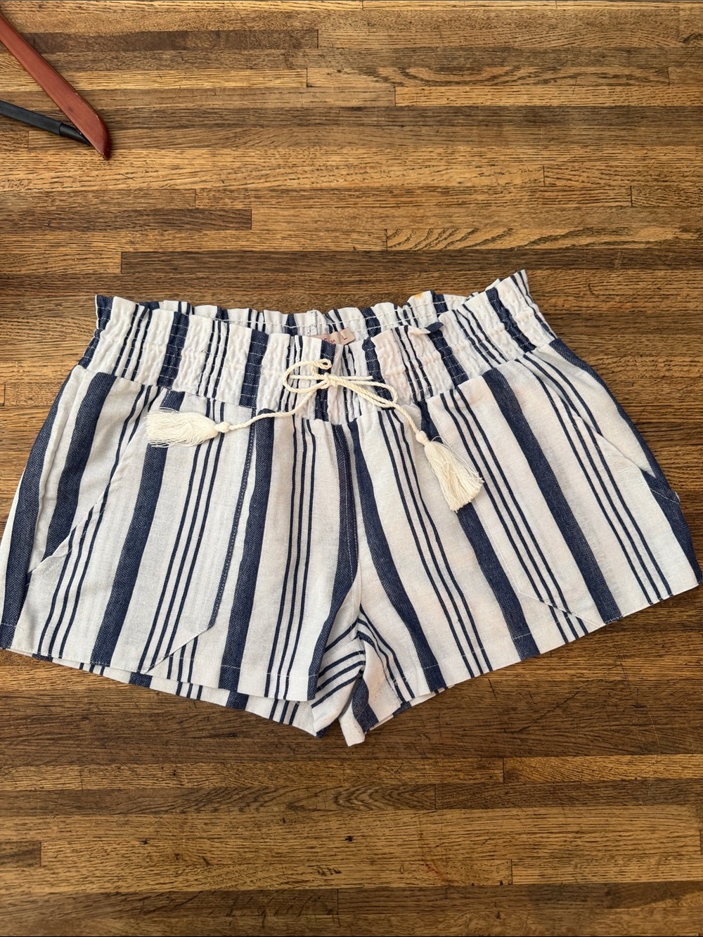 High-Waist Navy and White Striped Women’s Shorts with Tassel Drawstring